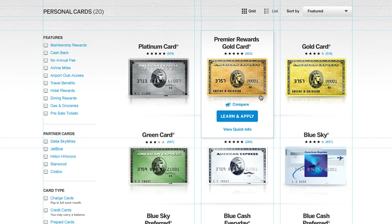 American Express personal cards browse page showing twenty cards filtered by features, partner cards and card type.