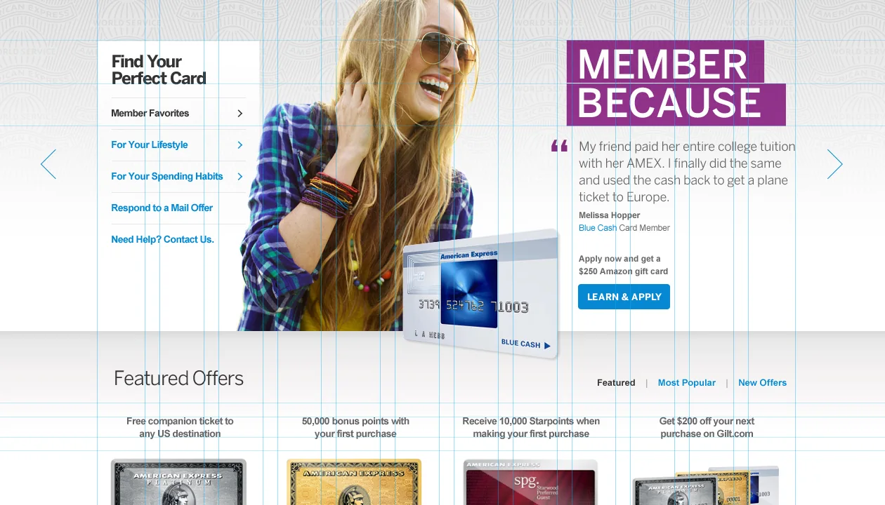 American Express homepage with a Find Your Perfect Card panel and a Member Because testimonial module, layout grid overlaid.