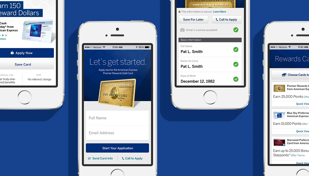 Three American Express mobile screens covering card detail, a Let's get started application intro and a completed basic information step.