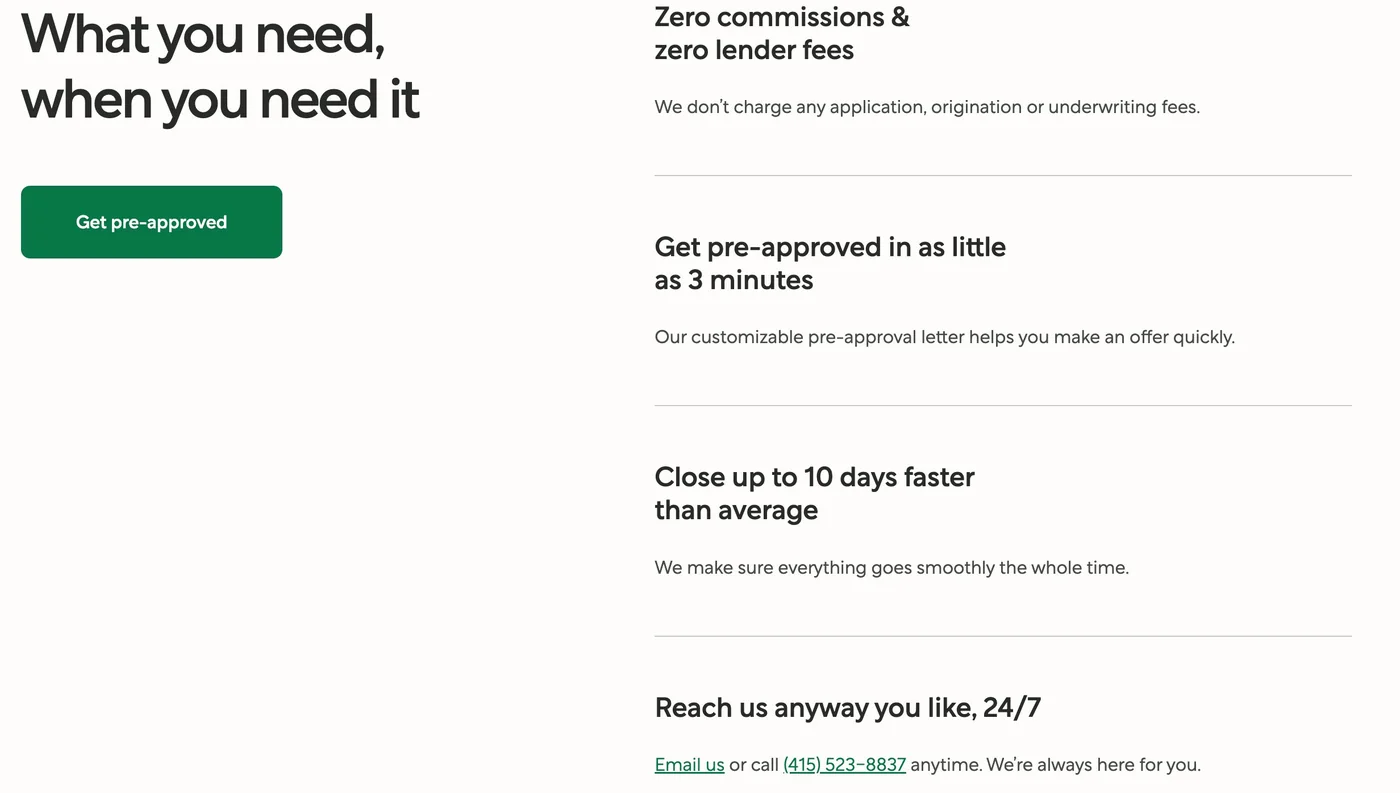 Better.com product page headed What you need, when you need it, listing zero commissions and zero lender fees, pre-approval in as little as 3 minutes, closing up to 10 days faster than average, and 24/7 contact.