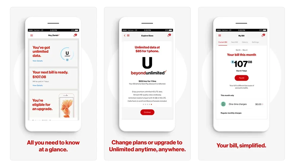 Three MyVerizon app screens with the headlines All you need to know at a glance, Change plans or upgrade to Unlimited anytime anywhere, and Your bill simplified.