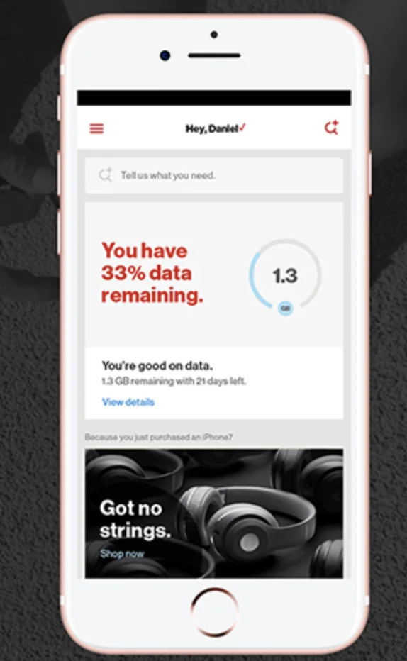 MyVerizon home screen reading You have 33% data remaining, with a supporting line reading You're good on data, 1.3 GB remaining with 21 days left.