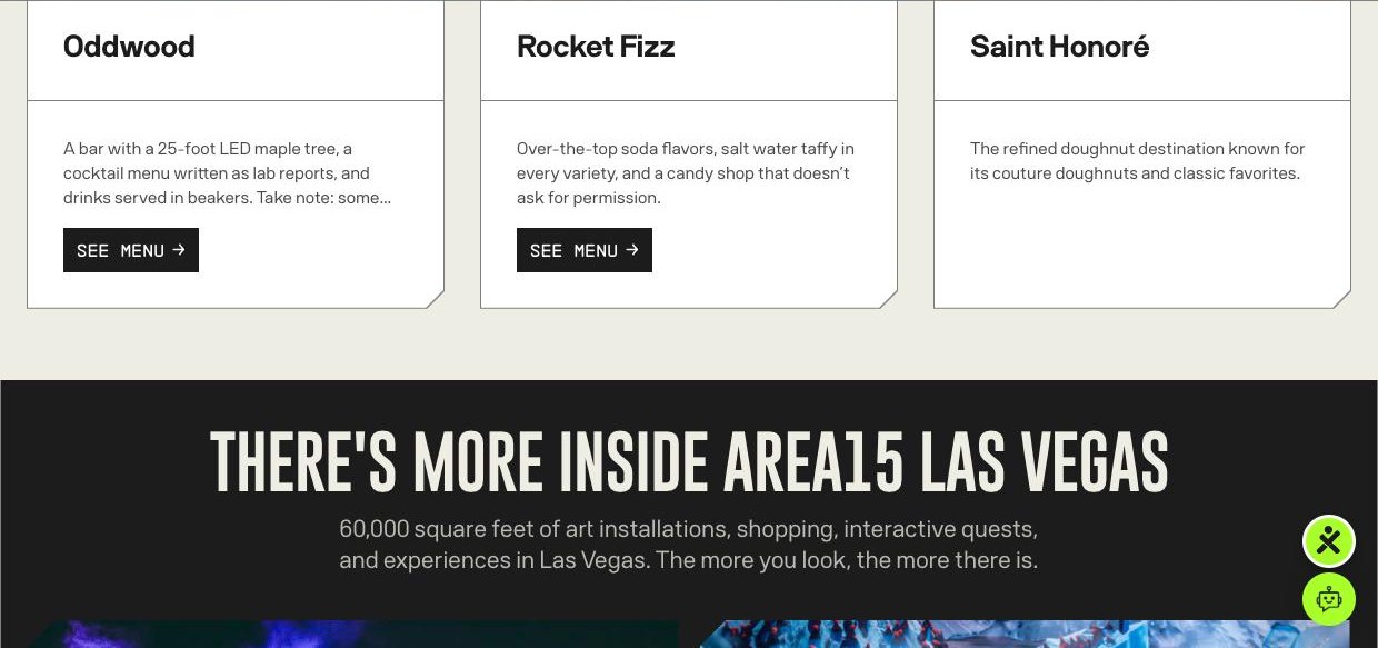 Venue cards on the AREA15 food and drink page showing Oddwood, Rocket Fizz and Saint Honoré descriptions