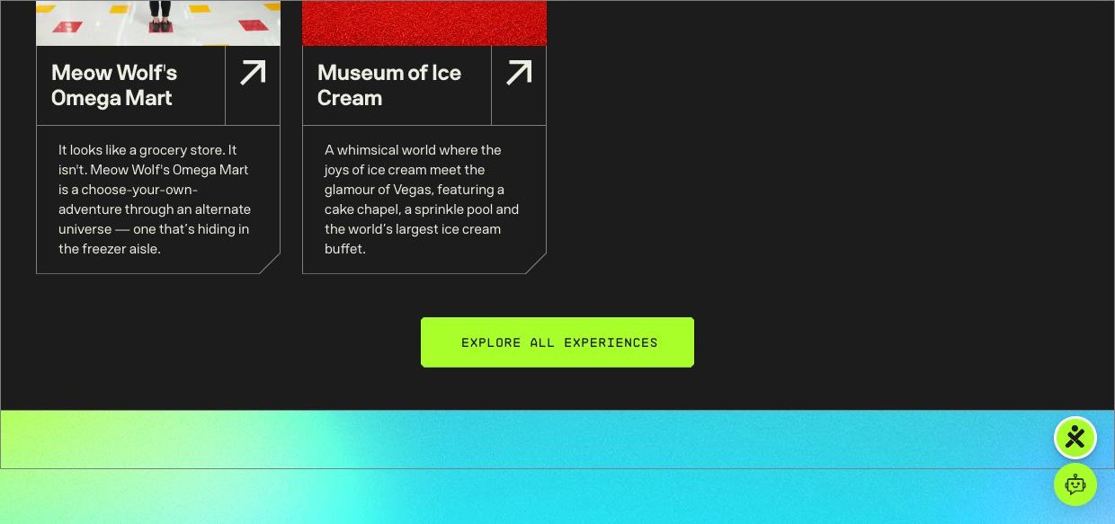 Signature attraction cards for Meow Wolf's Omega Mart and Museum of Ice Cream